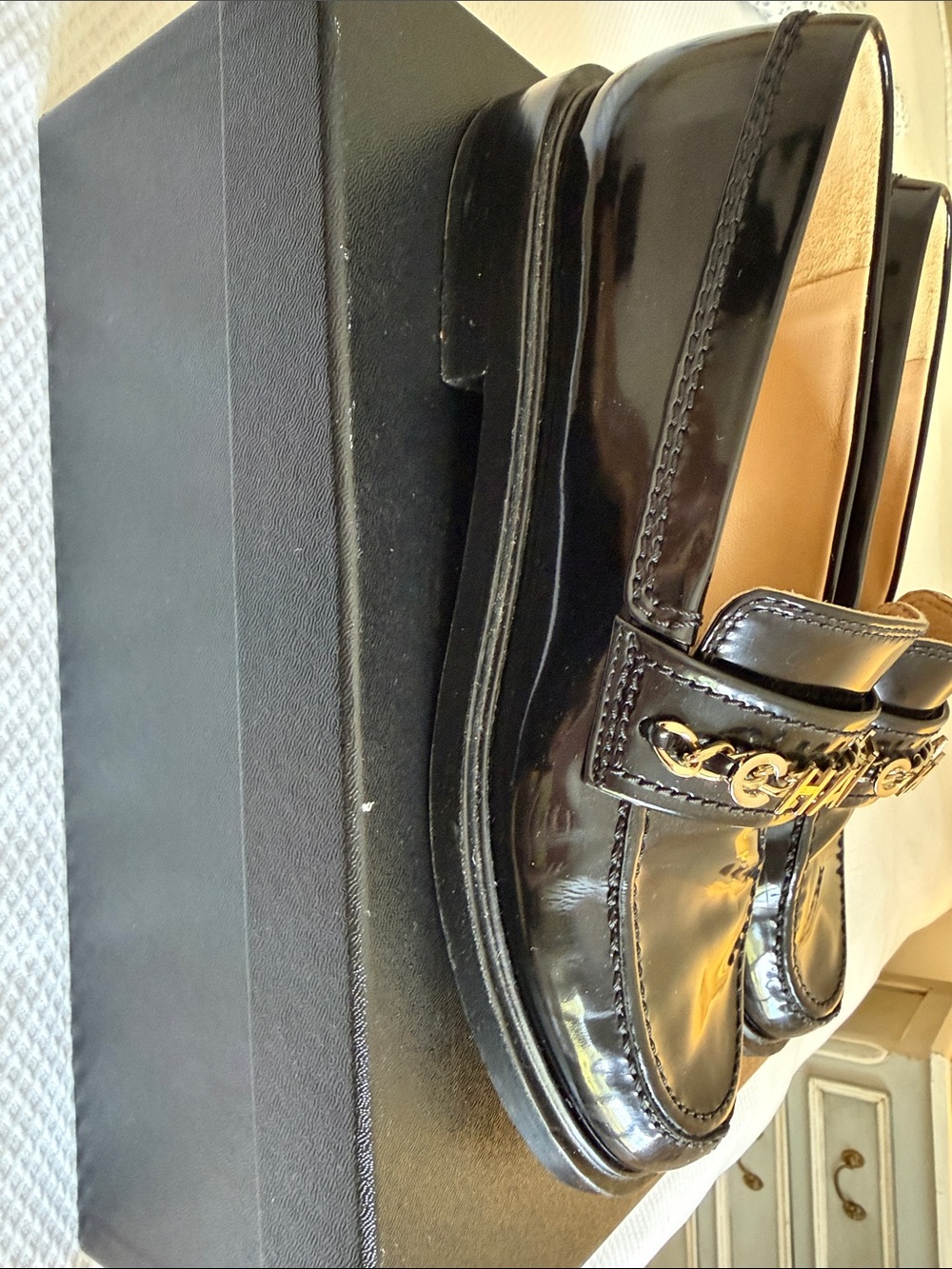 CHANEL Black Patent Leather Women’s Logo Chain Loafers - Picture 6 of 15